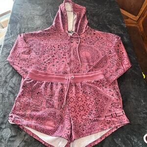 Bebe Sport Pink Bandana Print Hoodie & Shorts Set Size XL